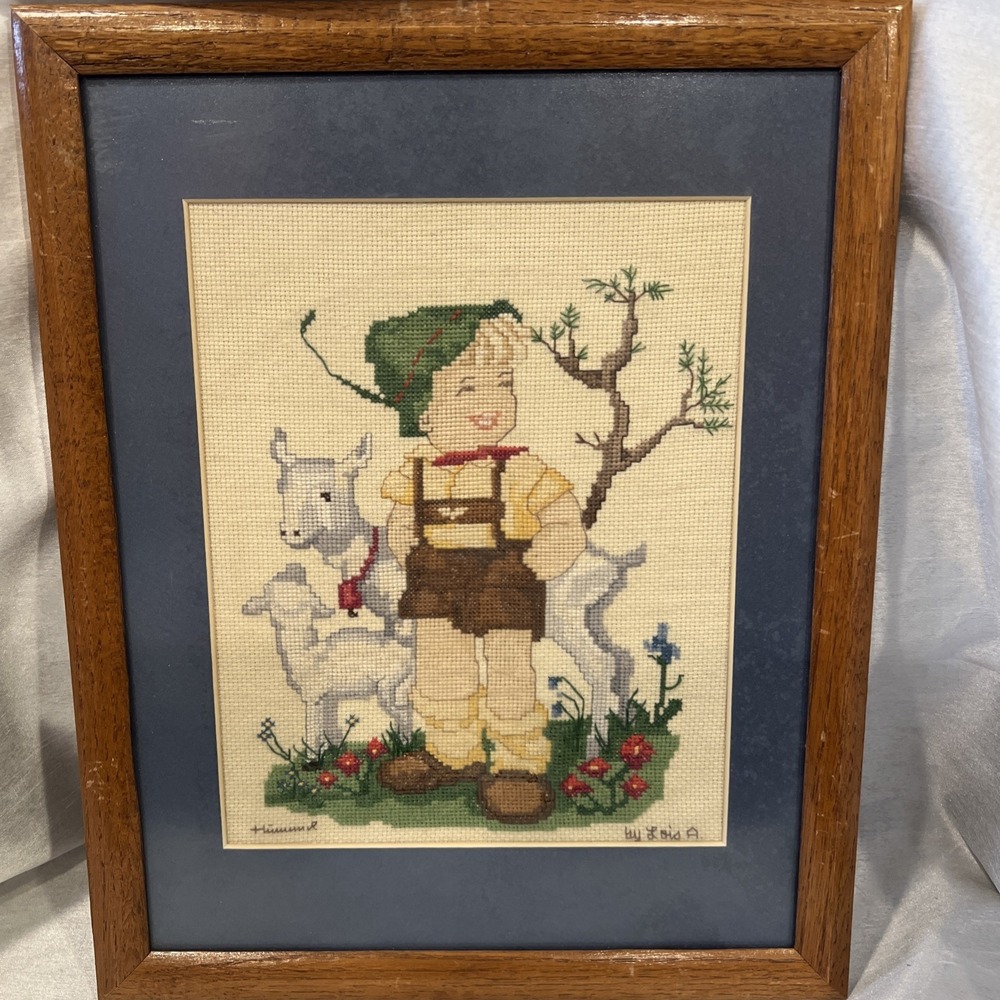 Vintage Hummel German / Dutch Farm Boy Lamb Embroidered framed Glass 1980's